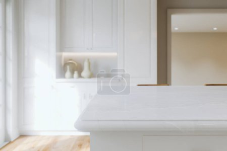 Foto de Cocina encimera blanca con mármol blanco, con fondo borroso bokeh. Presentación de productos en el interior de la cocina en la superficie de la encimera. Renderizado 3D - Imagen libre de derechos