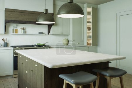 Foto de Cocina con una gran isla, taburetes de bar, lámparas de metal en un estilo tradicional. Interior de la cocina con una gran ventana y utensilios de cocina. Renderizado 3D - Imagen libre de derechos