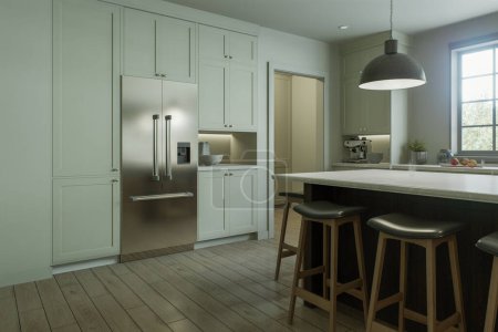 Foto de Hermosa cocina luminosa en una nueva casa de lujo en un estilo tradicional. Concéntrate en el gran refrigerador de dos puertas de la cocina. Renderizado 3D - Imagen libre de derechos