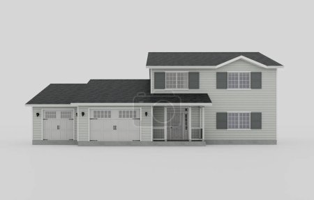 Foto de Casa aislada en estilo tradicional americano con dos garajes sobre fondo blanco. Imagen conceptual de la construcción de una casa-marco. renderizado 3d - Imagen libre de derechos