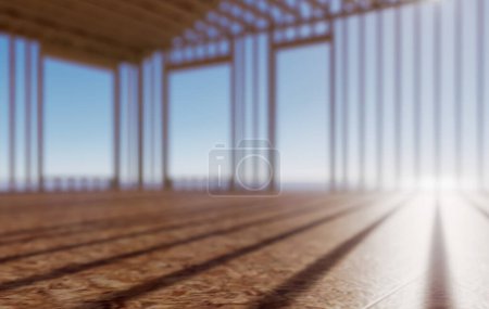 Foto de Construcción de una casa de marco. Imagen conceptual desenfocada de una casa en construcción con un fondo borroso. Marco de armadura de madera y paredes contra el cielo azul. Visualización 3D - Imagen libre de derechos