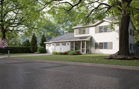 Téléchargez les photos : Maison américaine traditionnelle avec deux garages, une allée et un grand arbre. Une maison de deux étages avec une pelouse tondue. 3d rendu - en image libre de droit