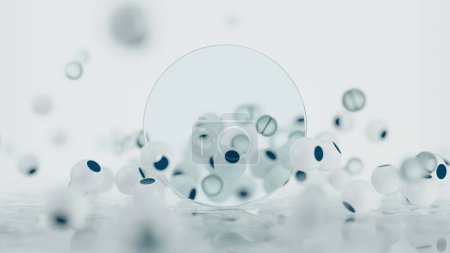 Téléchargez les photos : Fond 3d abstraction d'un groupe de couches de verre et de plastique. Mockup sur le thème de la recherche sur les particules, vue macro avec bokeh sur boules, et avec verre transparent. Rendu 3d - en image libre de droit