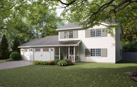 Téléchargez les photos : Maison américaine traditionnelle avec deux garages, une allée et un grand arbre. Une maison de deux étages avec une pelouse tondue. 3d rendu - en image libre de droit