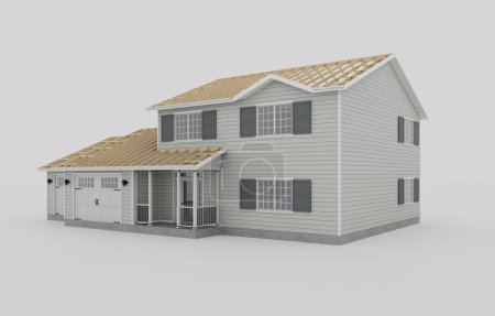 Foto de Casa aislada en estilo tradicional americano con dos garajes sobre fondo blanco. Imagen conceptual de la construcción de una casa-marco. renderizado 3d - Imagen libre de derechos