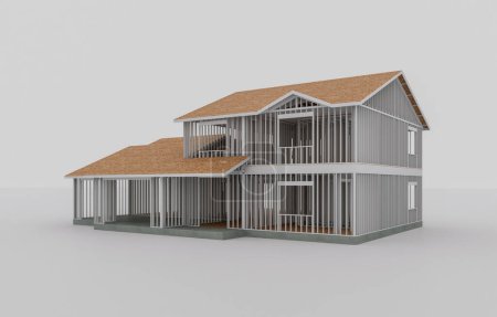 Téléchargez les photos : Maison isolée dans un style traditionnel américain avec deux garages sur fond blanc. Image conceptuelle de la construction d'une maison à ossature. Rendu 3d - en image libre de droit