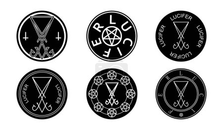 Conjunto de iconos Sigil of Lucifer, pegatinas o ilustración de diseño de estampado de camiseta en estilo gótico. Lucifer texto en círculo, vector aislado sobre fondo blanco. 