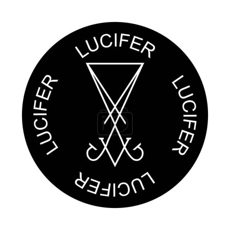 Illustration for Sigil of Lucifer icon, sticker or t-shirt print design illustration in Gothic style. Lucifer text in circle, vector isolated on white background. - Royalty Free Image