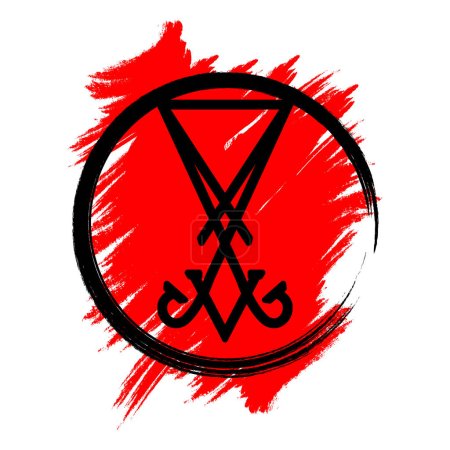 Illustration for Sigil of Lucifer icon illustration, sticker or t-shirt print design in Gothic style. Lucifer sign with red brush stroke. Vector isolated on white background. - Royalty Free Image