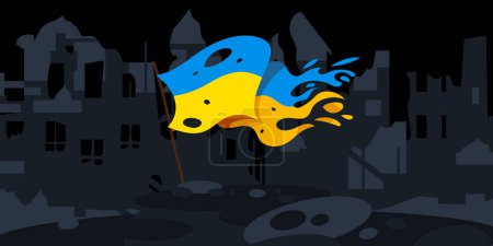 Illustration for Ukrainian shabby flag on the background of destroyed buildings. War destroyed the buildings of the city. Vector illustration. - Royalty Free Image