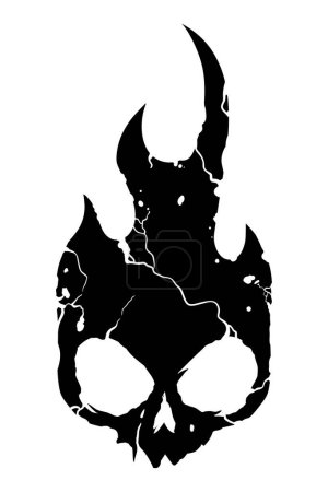 Burning skull on fire. Skull icon illustration. Goth design for prints. Comic style. Sticker for Horror or Halloween. Hand drawing illustration isolated on white background. Vector EPS 10