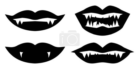 Schwarze Vampirlippen. Illustration von Vampirzähnen zu Halloween. Vektor isoliert auf weißem Hintergrund.