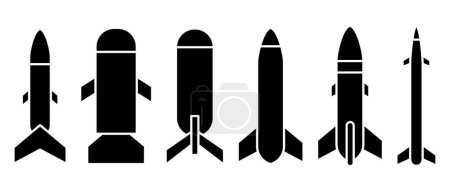 Set von Raketenwaffen. Raketen schwarze Silhouette Symbole. Vektor-Illustration isoliert auf weißem Hintergrund.