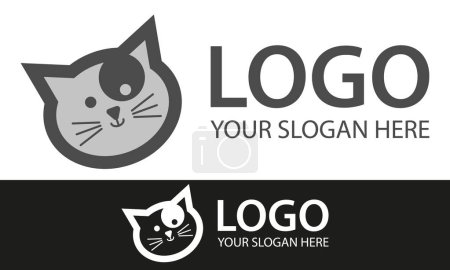 Téléchargez les illustrations : Logo de tête de chat heureux de bande dessinée de couleur grise - en licence libre de droit