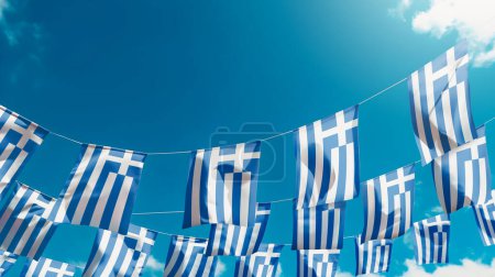Photo for Flags of Greece against the sky, flags hanging vertically - Royalty Free Image