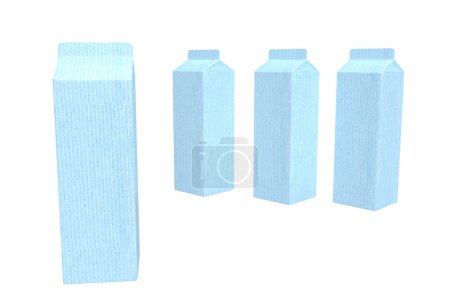 Foto de Ilustración 3D: Un conjunto de 4 envases de leche en color azul claro, aislados sobre un fondo blanco. Fácil personalizable. - Imagen libre de derechos