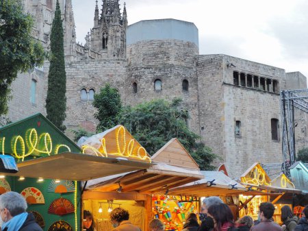 Photo for Barcelona, Spain. December 31, 2021.Barcelona Cathedral with the Christmas market. Christmas concept - Royalty Free Image