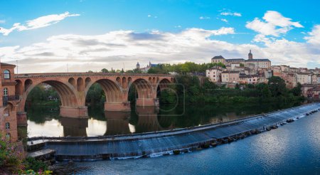 Old town of Albi, panoramic view from the Sainte Cecile cathedral and the Pont Vieux bridge over the Tarn river, France.