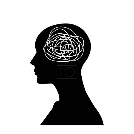 Foto de Silhouette of human head with tangled line inside, like brain. concept of chaotic thought process - Imagen libre de derechos