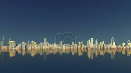 Foto de Abstract city downtown with modern tall buildings skyscrapers reflection on mirror water surface against clear dark blue sky background. With no people 3D illustration from my 3D rendering. - Imagen libre de derechos