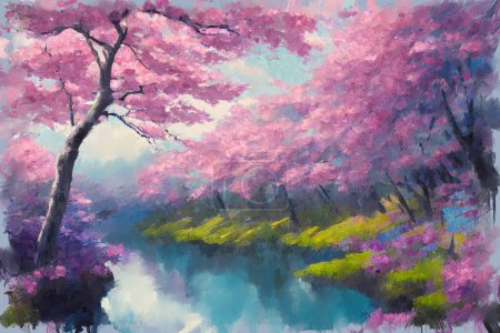 Photo for Picturesque bright spring landscape with lush blooming japanese pink sakura cherry trees in full blossom over calm lake water. My own digital art painting illustration. - Royalty Free Image