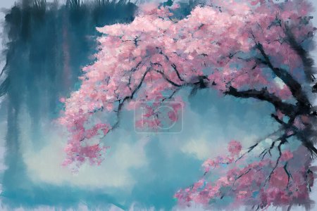 Expressive bright painting sketch of lush blooming oriental pink sakura cherry tree branch in full blossom close up. My own digital art illustration for spring season.