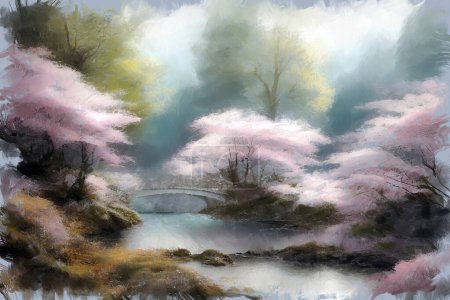 Peinture à l'huile impressionniste moderne de jardin japonais luxuriant de printemps avec des cerisiers sakura roses en pleine fleur et pont sur la rivière. Mon propre paysage d'illustration d'art numérique.