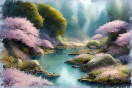 Paysage pittoresque avec des cerisiers sakura roses en pleine floraison sur la rive de la rivière dans le jardin luxuriant du printemps japonais. Ma propre illustration de peinture d'art numérique impressionniste.
