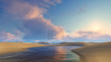 Téléchargez les photos : Paysage désertique unique avec des dunes de sable blanc et des lagunes d'eau de pluie dans le parc national Lencois Maranhenses au Brésil sous un ciel nocturne spectaculaire. Sans personne illustration 3D de mon rendu 3D. - en image libre de droit