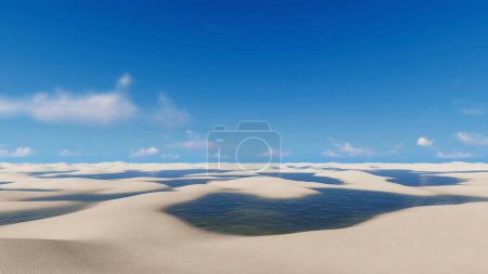 Photo for Unique desert landscape with white sand dunes and rainwater lagoons in Lencois Maranhenses National Park in Brazil at sunny day. With no people natural background 3D illustration from my 3D rendering. - Royalty Free Image
