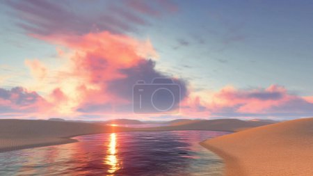 Photo for Dramatic sunset sky with vivid colorful clouds over unique white sand dunes and water lagoons in Lencois Maranhenses National Park in Brazil. With no people 3D illustration from my 3D rendering. - Royalty Free Image