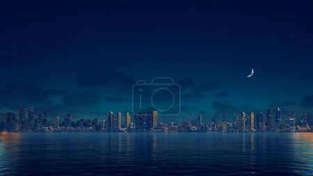 Abstracto horizonte de la ciudad con edificios modernos de gran altura rascacielos reflejados en la calma espejo lago superficie de agua sobre fondo oscuro cielo nocturno con media luna. Sin ilustración 3D de personas.