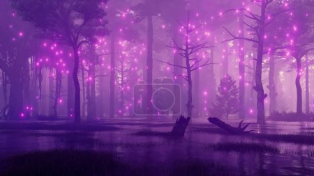 Geheimnisvoller Waldsumpf mit mystischen übernatürlichen Glühwürmchenlichtern, die in dunkler, nebliger Nacht in der Luft schweben. Fantasie-3D-Illustration aus meiner 3D-Rendering-Datei.