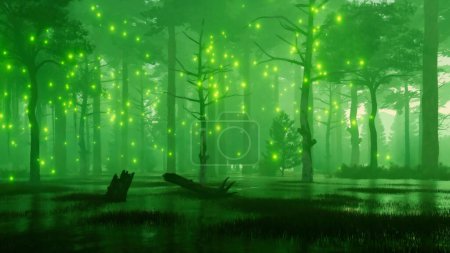 Supernatural fairy firefly lights flying around creepy dead tree silhouettes in swampy mysterious night forest at foggy night. Fantasy 3D illustration from my 3D rendering file.