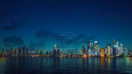 Abstract city downtown with modern high rise buildings skyscrapers and city lights reflection in mirror water surface of calm river or lake at night. With no people concept 3D illustration.