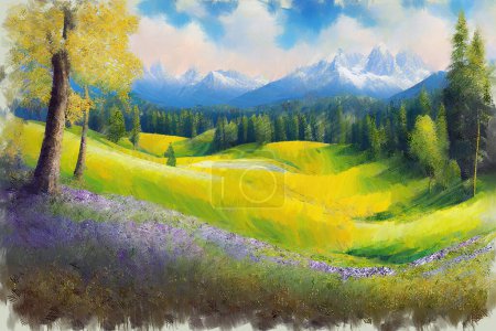 Photo for Expressive vibrant oil painting sketch of picturesque landscape with colorful blooming fields, pine forest in valley and mountain peaks on background at summer day. My own digital art illustration. - Royalty Free Image