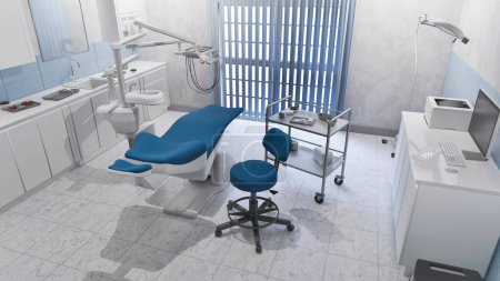 Empty interior of clean dentist clinic office with dental unit - comfortable chair and medical tools. Dentistry surgery room with modern equipment. With no people 3D illustration from my 3D rendering.