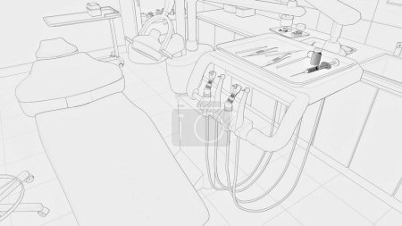 Black and white hand drawn sketch - close up of dental equipment and medical tools in empty dentist clinic interior. Modern dentistry operating surgery room. Concept line art drawing 3D illustration.