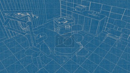 Concept line art blueprint sketch of medical clinic interior with empty dentist workplace - dental unit, chair and tools, dentistry surgery room with modern equipment. Blue and white 3D illustration.