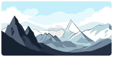 Flache grafische Vektorillustration einer abstrakten schneebedeckten Berglandschaft mit schneebedecktem Gipfel und scharfem Gebirgszug. Einfaches dekoratives Cartoon-Skizzenkonzept für Bergsteigen oder Wandertourismus.