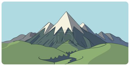 Simple hand drawn cartoon vector illustration of abstract mountain landscape with green foothills and sharp triangular snowcapped mount peaks. Flat graphic sketch concept for nature scenery or hiking.