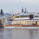 Snowy Prague City with St. Nicholas' Cathedral  in the sunny Day, Czech Republic