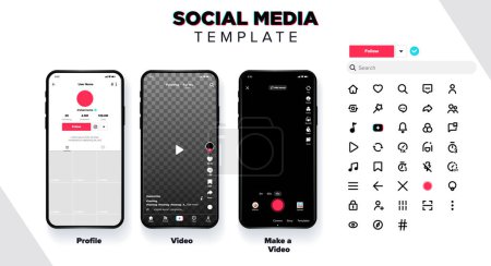 Modèle de maquette vectorielle de page d'écran d'application mobile de médias sociaux avec des éléments et des icônes