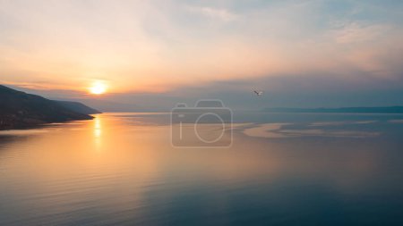 Foto de A seagull flies near the island of Brac, Croatia at dawn - Imagen libre de derechos