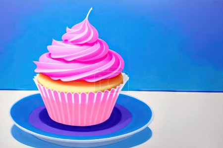 Foto de Cupcake con crema rosa sobre fondo azul - Imagen libre de derechos