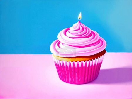 Foto de Cupcake con crema rosa sobre fondo azul - Imagen libre de derechos