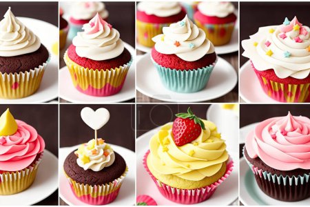 Foto de Collage de deliciosos cupcakes con crema, fresa y corazones. - Imagen libre de derechos