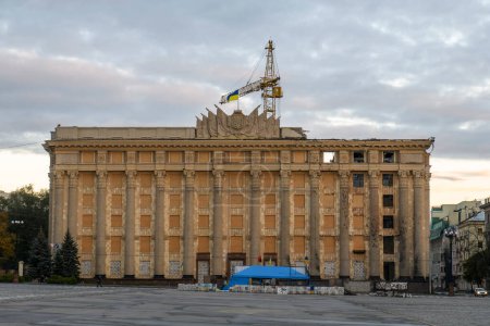 Damaged facade of the Kharkiv Region State Administration building after the russian missiles shelled in center of Kharkiv, Ukraine, October 2022