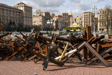 Anti-tank obstacle defense at the Independence Square in center of Kyiv, Ukraine, October 2022. High quality photo