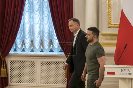 Photo for Ukraines President Volodymyr Zelenskiy and Polish President Andrzej Duda after a joint press conference with Lithuanian President Gitanas Nauseda in Kyiv, Ukraine June 28, 2023. High quality photo - Royalty Free Image